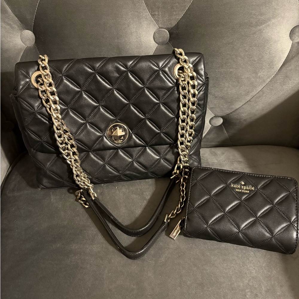 Kate Spade Black Quilted Shoulder Bag with Gold Chain